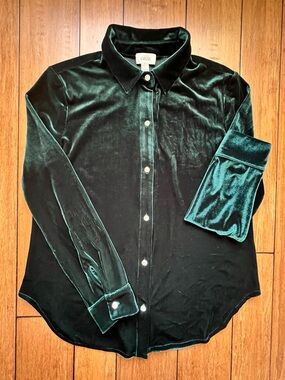 CeCe Hunter Green Velvet Button-Down Blouse Size M